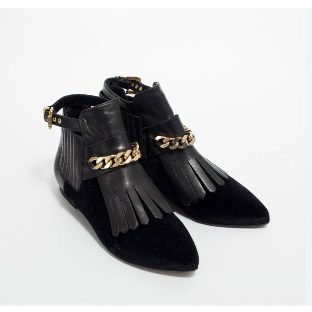 Chiara Ferragni Boots Womens Size 9 Black Leather Suede Fringe Chain Ankle Flat